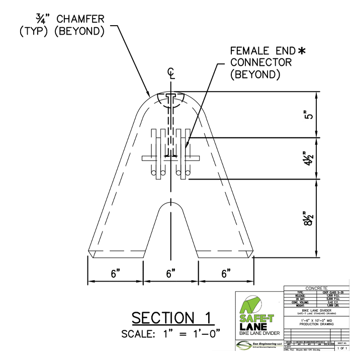 Technical drawing of a triangular bike lane divider section with labeled dimensions, connector details, and Safety Lane branding at the bottom right, shown at a 1"=1' scale.