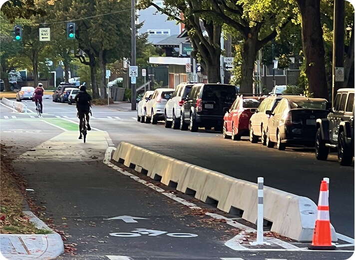 A separated bike lane with two cyclists riding, one heading away from the camera, cars parked along the street, traffic lights, and trees lining both sides of the road. A traffic cone and barrier separate bikes from vehicles.