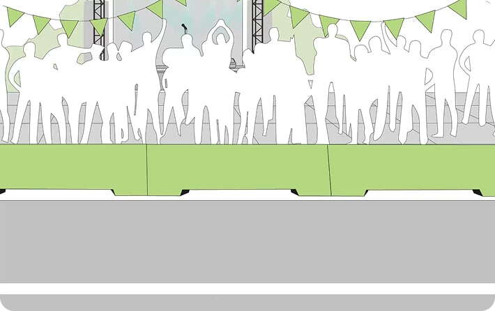 Illustration of a group of people standing behind green barriers at an outdoor event, with green bunting strung above and a stage area in the background.