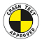 A circular badge with the words "CRASH TEST APPROVED" around a yellow and black quartered circle, resembling a crash test symbol.