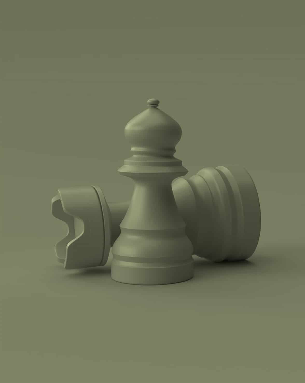 A green-tinted image of chess pieces shows a bishop standing upright in front of a toppled rook and king, all set against a plain, matching green background.