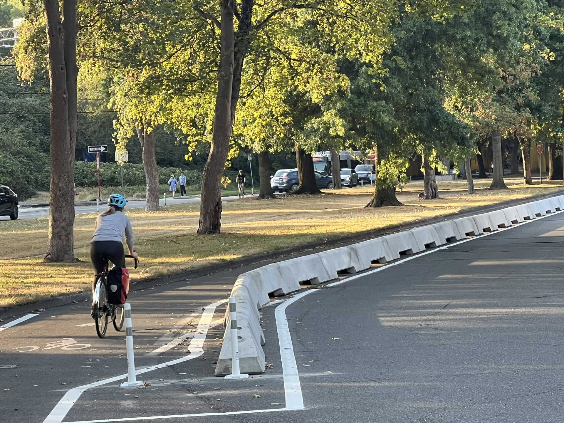 A person wearing a helmet rides a bicycle along a separated bike lane in a park-like area with trees and sunlight, while other people walk in the background.