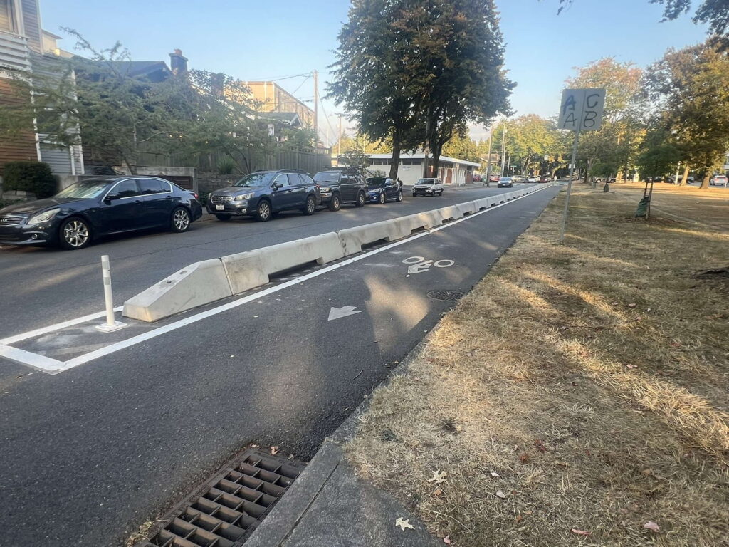 A protected bike lane separated from car traffic by concrete barriers runs alongside a line of parked cars on a tree-lined street in a residential neighborhood.