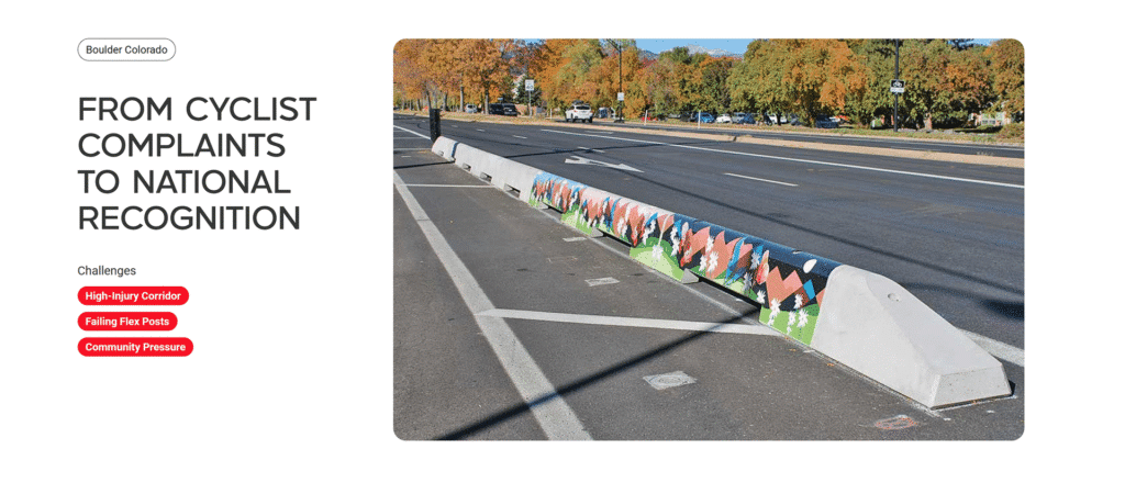 A separated bike lane in Boulder, Colorado, with a colorful concrete barrier dividing it from the road. Text describes cyclist concerns and highlights "High-Injury Corridor," "Failing Flex Posts," and "Community Pressure.