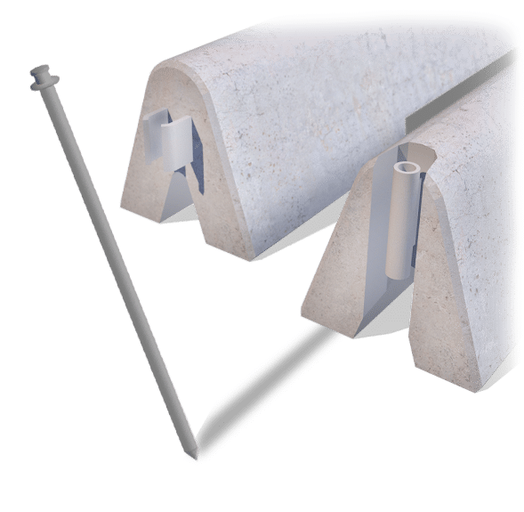 A 3D illustration of two concrete parking curbs with slots for vertical pins, showing the curbs' internal anchor system and one metal pin positioned beside them for installation.