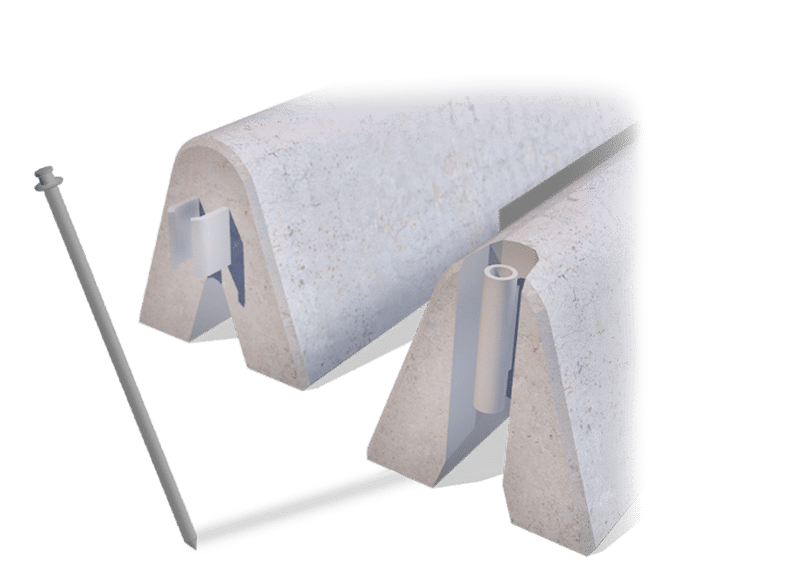 Two concrete parking curbs with triangular profiles are shown, each with a vertical tube embedded in the side. A long anchor rod is positioned next to them, illustrating how the rod fits into the tubes.