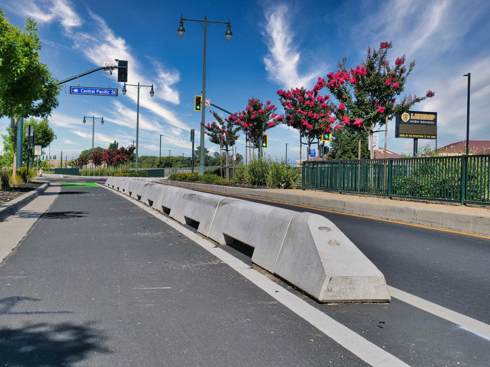 A bike lane separated from traffic by concrete barriers runs along a street lined with flowering trees, green fencing, and street signs under a bright blue sky.